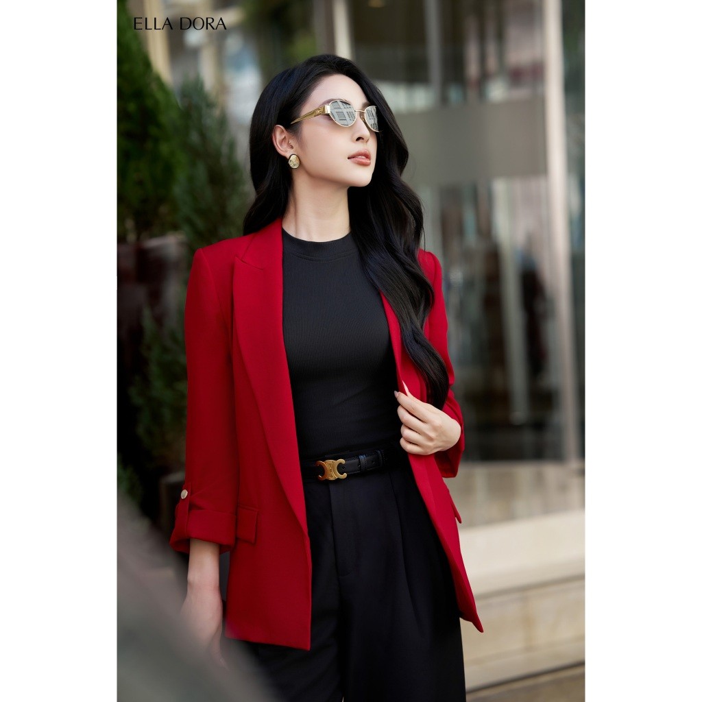 Áo blazer ELLA DORA form dáng suông không cúc cổ ve hiện đại thanh lịch 2 màu ĐEN/ĐỎ [V21]