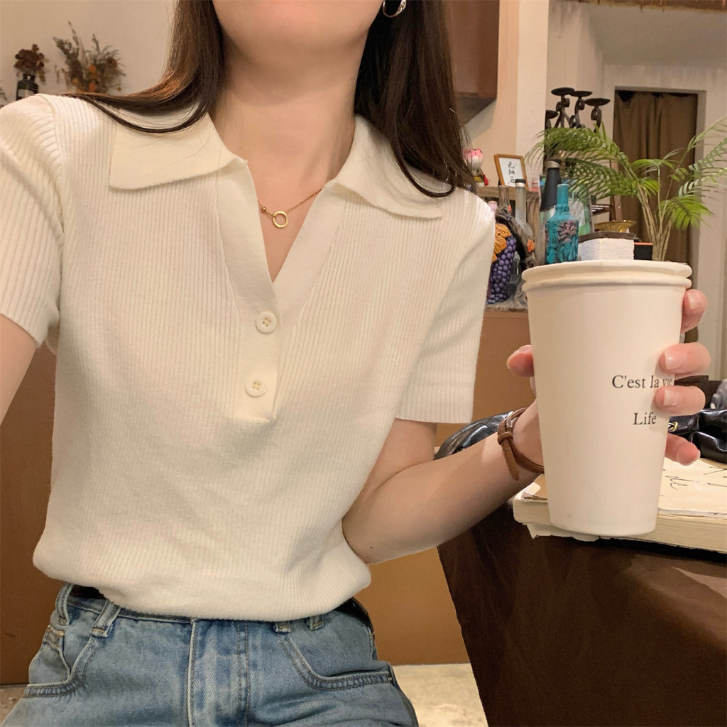 SUXI Áo sơ mi polo nữ ngắn tay, chất liệu dệt kim mềm mại, phù hợp mùa hè 260424