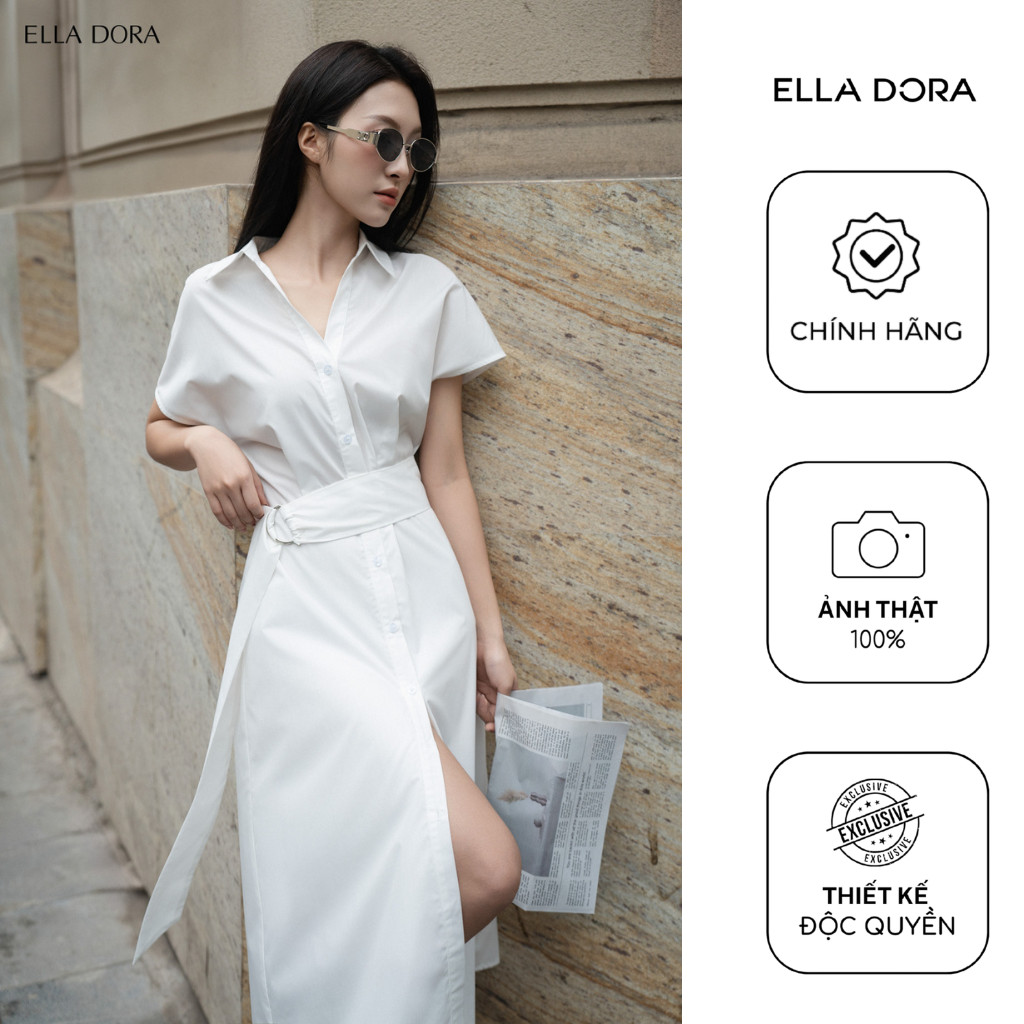 Đầm sơ mi ELLA DORA dáng dài công sở Hàn Quốc thiết kế suông có đai hai màu trắng/đen [D225]