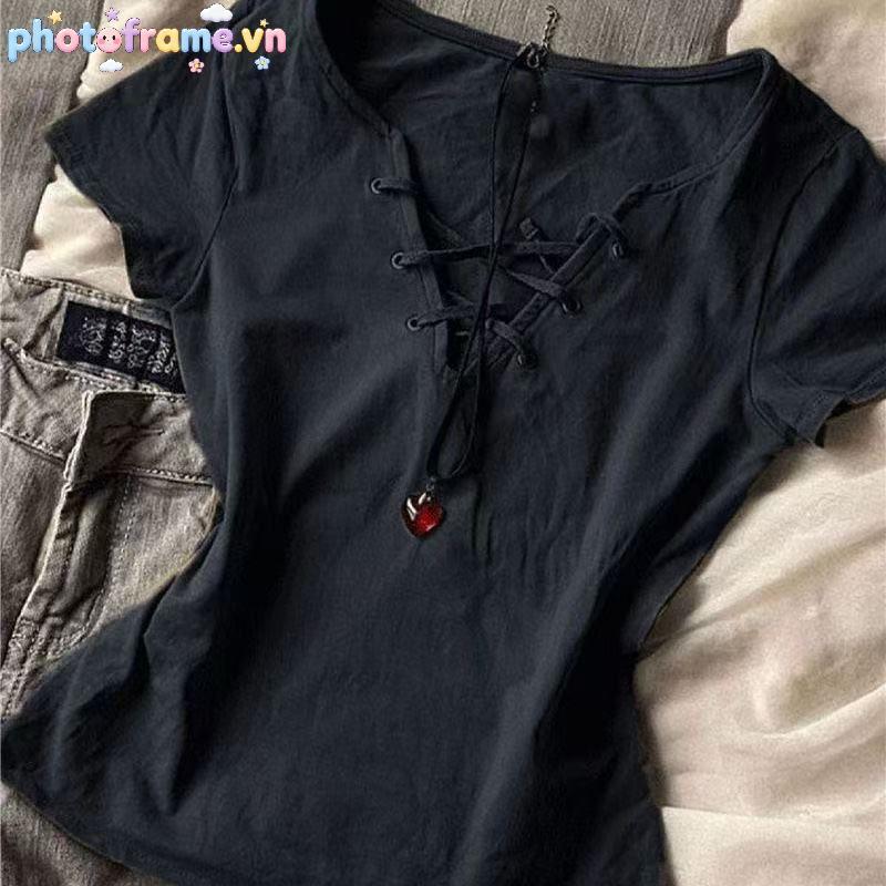 Áo Thun Nữ Phong Cách Y2K Ren-Up, Tay Ngắn Slim, Xu Hướng Thời Trang Mới