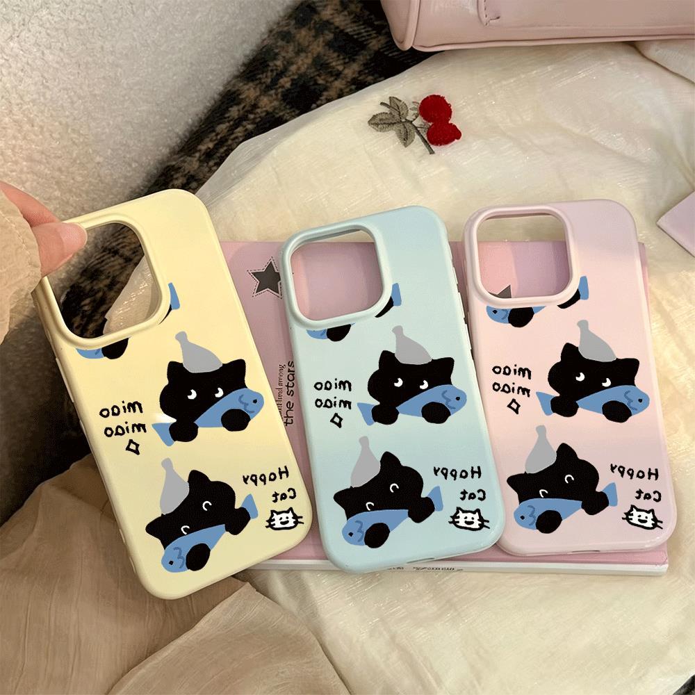 Mèo đen ăn cá cho trường hợp iPhone 17pro iPhone 16/15/14/13 kết cấu giả da