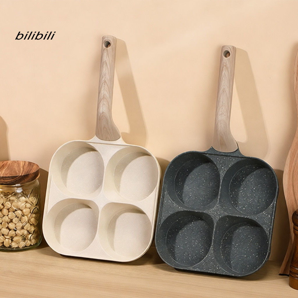 BIL Chảo trứng chống dính 4 cốc Skillet ăn sáng 4 trong 1 có tay cầm bằng gỗ – Làm nóng nhanh bằng nhôm Omelette Pancake Burger Bacon Chảo chiên để nấu ăn dễ dàng Chảo chiên Burger