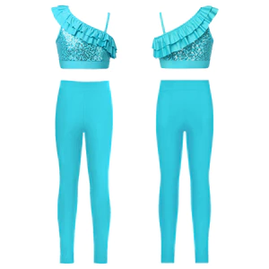 Nyeemya Kids Girls Dance Skating Trang phục thường ngày Dây đeo vai bất đối xứng Không tay Sequin Ruffle Crop Top với Quần legging thắt lưng co giãn