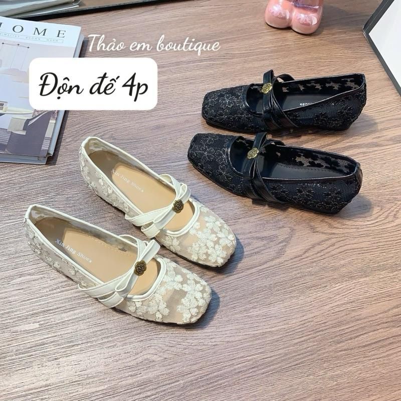 [Thảo Em - BBR8] [Độn đế 5p] Giày búp bê lưới ren hoa phối nơ hoa trà phong cách nhẹ nhàng, tiểu thư