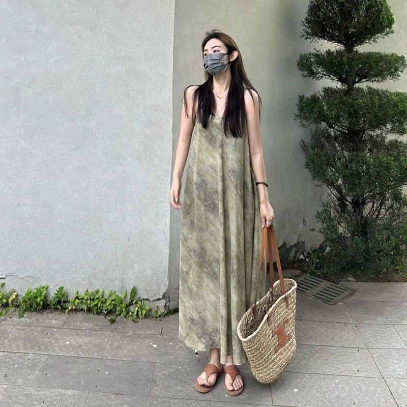 [Ưu đãi đặc biệt trong thời gian có hạn] Kích thước cực lớn 150kg béo mm kiểu Pháp Retro Kỳ nghỉ phong cách Đầm đeo chéo nữ Mùa hè mới dáng rộng mỏng hơn Váy dài