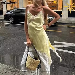 Đầm ren nữ NICOLOO, Đầm nữ Satin ren gợi cảm, Đầm đeo chéo bất đối xứng thanh lịch không tay hợp thời trang Trang phục mùa hè