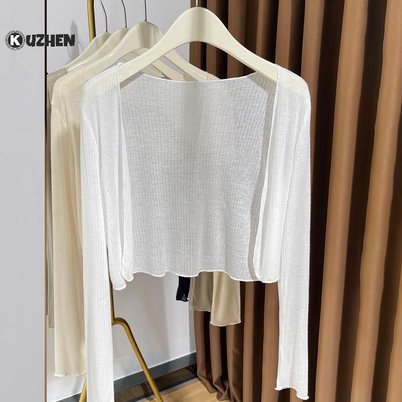 KUZHEN Áo len dài tay màu trơn Hàn Quốc đa năng chống nắng mỏng thông thường dành cho nữ HOT