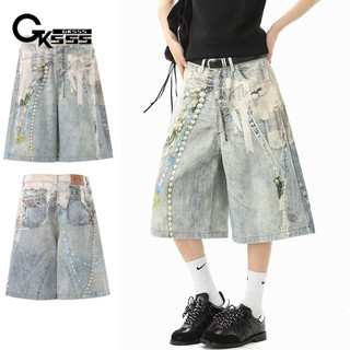 Quần short denim nam GKSSS, phong cách hip-hop Mỹ, chất lượng đường phố cao cấp, phong cách trung tính