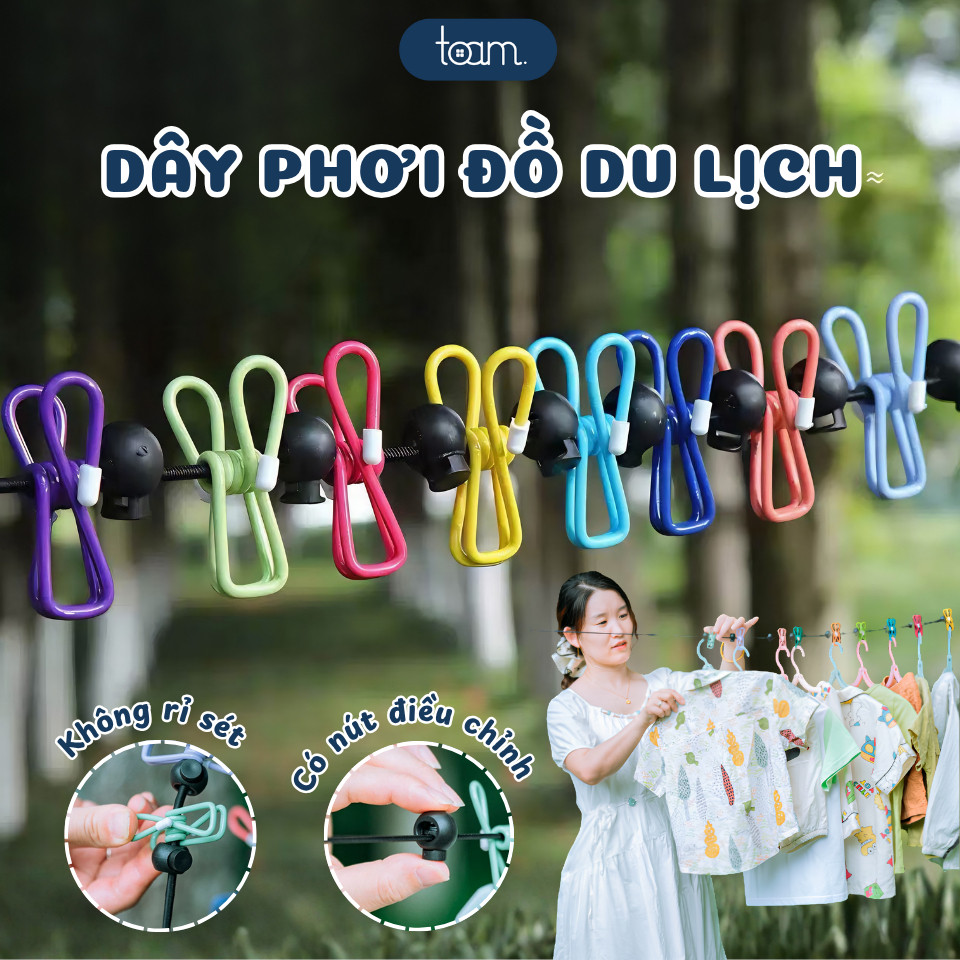 Dây Phơi Quần Áo Du Lịch Đa Năng Chống Trượt, Dây Treo Đồ Camping Có Kẹp Cố Định