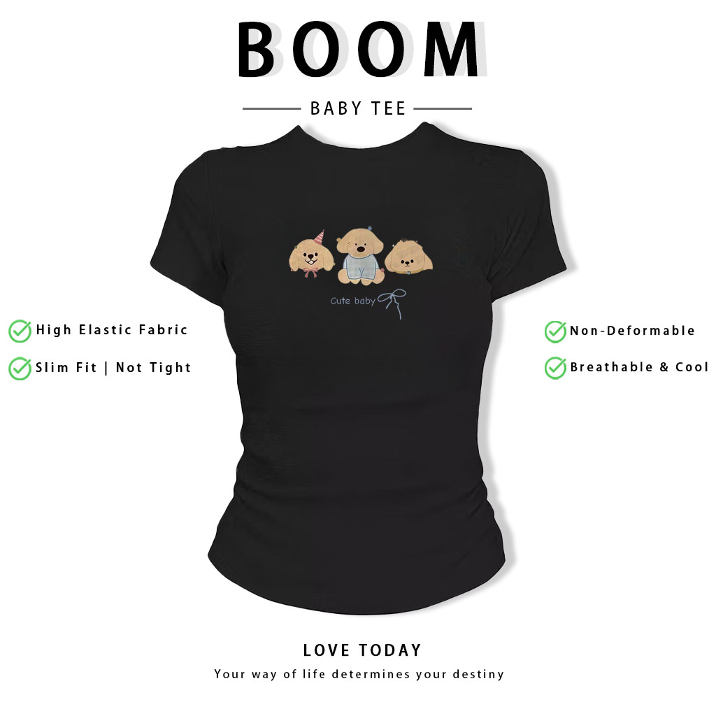 BOOM Áo Baby Tee Nữ Cotton Ôm Body-Áo Thun Ngắn Tay Y2K In Hình PhongCách Mùa Hè, Cổ Tròn Hàng Đầucách hàn quốc phongF30