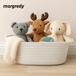Giỏ dệt MARGREDY, Thùng lưu trữ dây bông trang trí, Giải pháp lưu trữ Viền ruy băng có tay cầm Giỏ sắp xếp Kệ lưu trữ