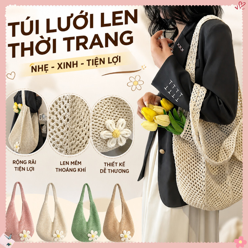 Túi Cói đi Biển Nữ Cao Cấp – Túi Lưới đan Cài Hoa đeo Vai Hàn Quốc, Size Lớn đựng đồ Thoải Mái