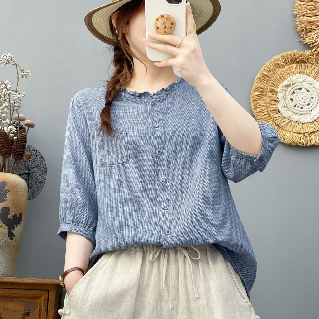 Áo sơ mi nữ Cotton chất lượng cao Sợi ngàn lưới chim dáng rộng Áo sơ mi thường ngày