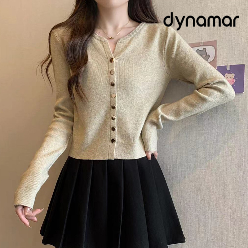 【dynamar】Áo khoác cardigan dệt kim kiểu dáng thanh lịch, cài khuy đơn, chất liệu kim loại, dành cho nữ, màu trơn.