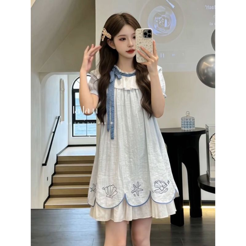 [Khuyến mãi trong thời gian có hạn] Phong cách Hàn Quốc ngọt ngào Preppy Phong cách Bowknot Puff Tay áo thiết kế Váy nữ mùa hè Phong cách mới dáng rộng mỏng hơn Váy ngắn