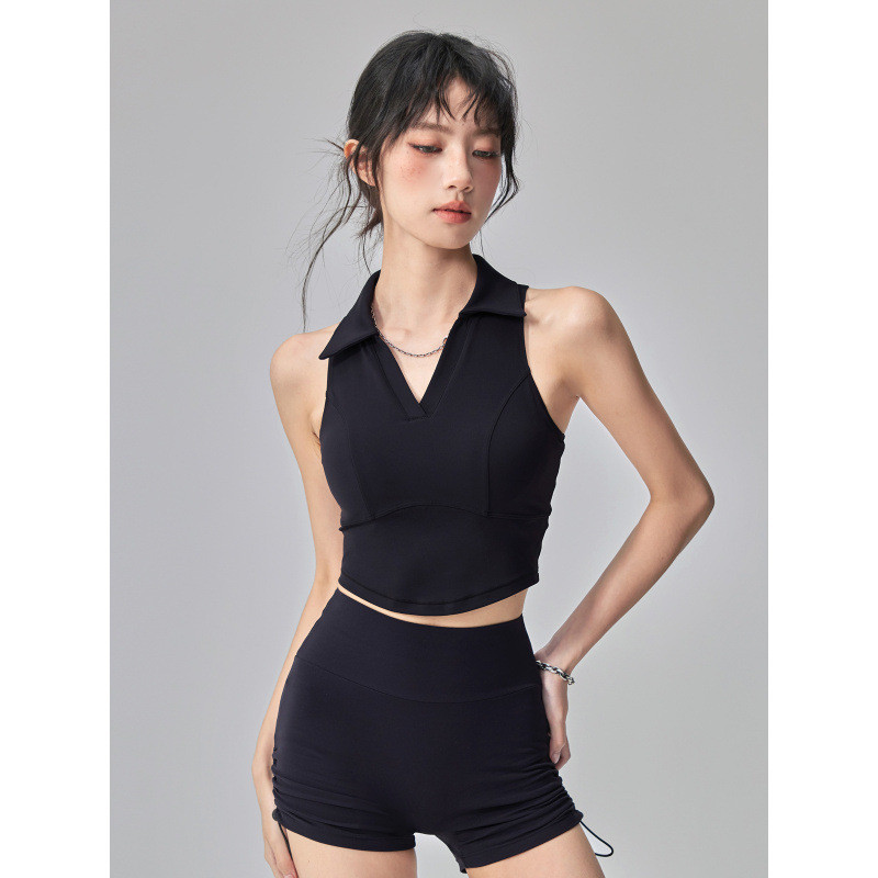 Phong Cách Mới Một Mảnh Áo Vest Thể Thao Có Miếng Lót Ngực Nữ Ve Áo Không Tay Tập Yoga Chạy polo Thể Dục Top Mùa Hè