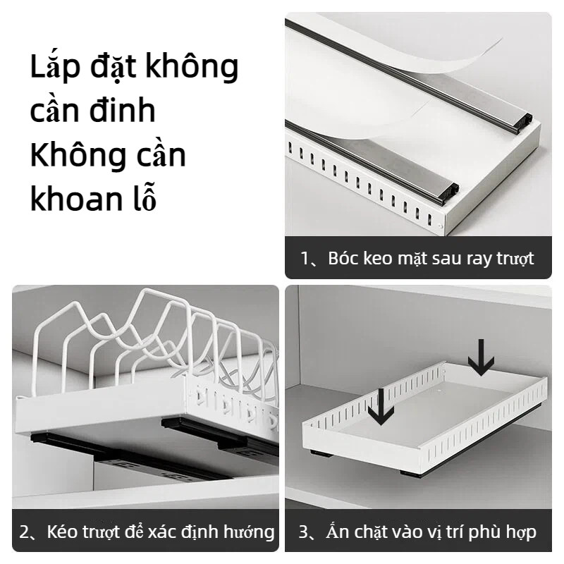 Kệ kéo trượt, kệ đựng nồi chảo, giá để nồi, không khoan lỗ, tặng keo nano, chống gỉ, tặng keo nano