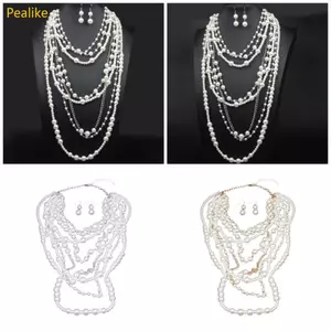 Bộ vòng cổ và bông tai ngọc trai dạng hạt đậu nhiều lớp, tăng vẻ sang trọng cho trang phục