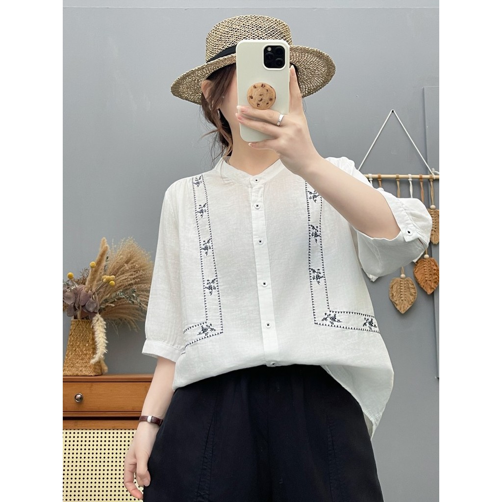 Áo sơ mi nữ Mori phong cách dân tộc, thêu tay ngắn, sợi cotton cao cấp