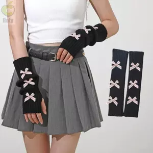 Găng tay không ngón dệt kim Y2K với nơ ROLY, thời trang mùa đông