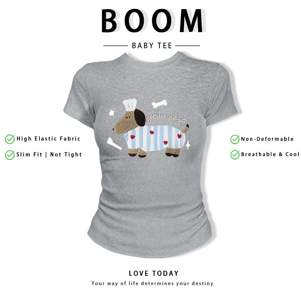 BOOM Áo Baby Tee Nữ Cotton Ôm Body-Áo Thun Ngắn Tay Y2K In Hình PhongCách Mùa Hè, Cổ Tròn Hàng Đầucách hàn quốc phongR20