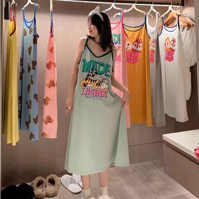 Không Tay Hoạt Hình Dễ Thương In Hình Sling Váy Ngủ Nữ Mùa Hè Rời Kích Thước Lớn Béo MM Mặc Bên Ngoài Over-the-Knee Loungewear