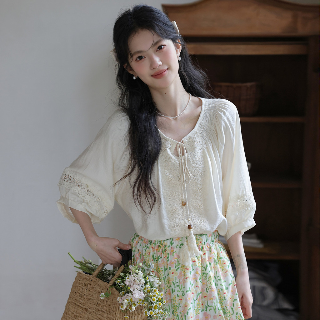 Mutu Áo Sơ Mi Retro Nghệ Thuật Ren Khâu, Phong Cách Mùa Hè, Thiết Kế Niche Top