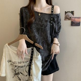 Size Lớn Rách Một Vai Ngắn Tay Áo Thun Nữ Mùa Hè 2026 Béo mm Rời Mỏng Hơn Nhìn Bao Mỡ Off-the @