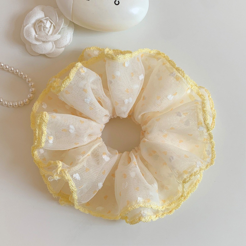 Hululu Scrunchy Phong Cách Hàn Quốc, Màu Vàng Chấm Bi, Four-Layer Gauze