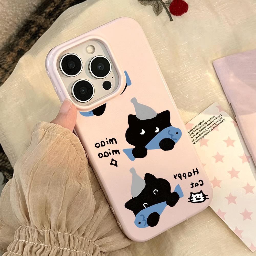 Mèo đen ăn cá cho trường hợp iPhone 17pro iPhone 16/15/14/13 kết cấu giả da