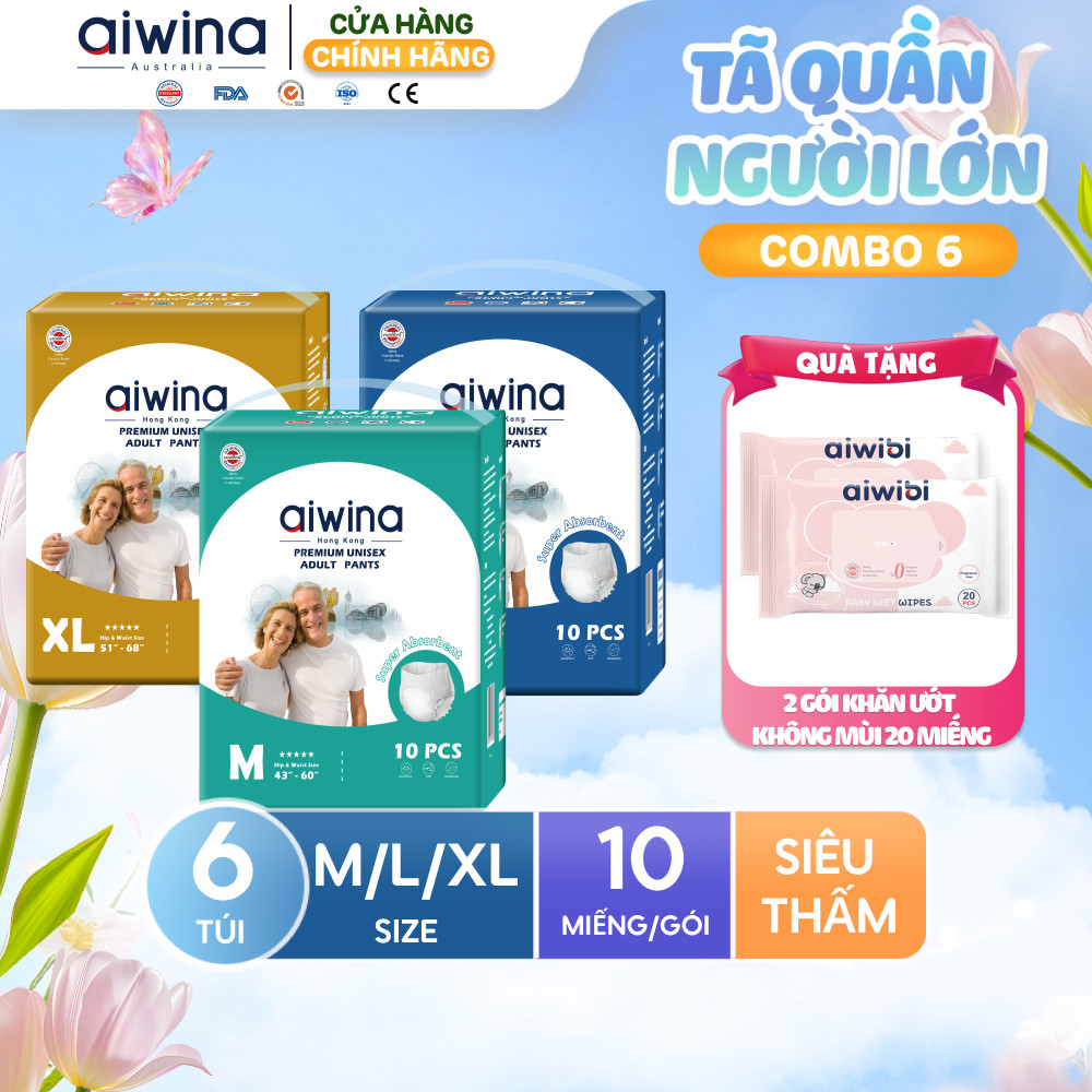 Combo 6 Tã quần người lớn Aiwina siêu thấm hút size M/L/XL túi 10 miếng