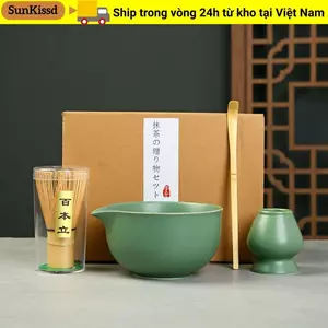 SUNKISSD 4 Bộ trà Matcha Nhật Bản, Bộ đánh trứng Matcha bằng gốm sứ có thể tái sử dụng, Giá đỡ cốc Matcha Bát Matcha Bộ làm trà cho những người yêu thích