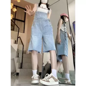 Quần yếm Denim đường phố phong cách Hồng Kông dành cho nữ mùa hè Giặt quần short thêu bướm trắng dáng rộng Quần treo thẳng
