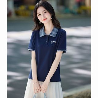 【MIZIQI】Áo thun nữ kẻ sọc mùa hè POLO, áo thun ngắn tay in hình nơ giảm tuổi