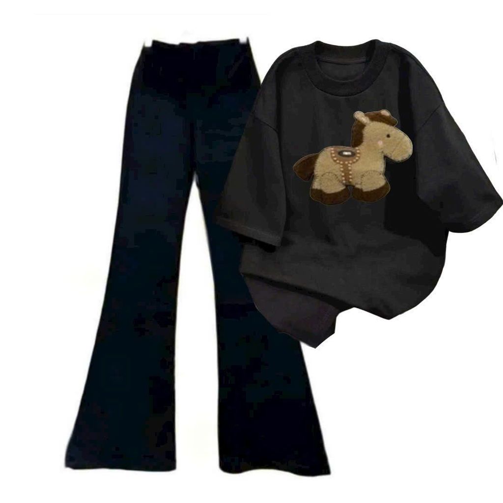 [ MỞ BÁN GIẢM 60% ] Bộ quần ống loe dài + và áo phông unisex hình LỪA-setbosieuxinh