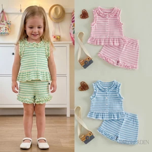 Trang phục mùa hè cho bé gái Áo xếp nếp in hình sọc không tay + Quần short