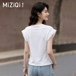 【MIZIQI】 Áo thun ngắn tay màu trơn eo hẹp dành cho nữ, cổ tròn Agaric Edge tay bay nhỏ chia tay