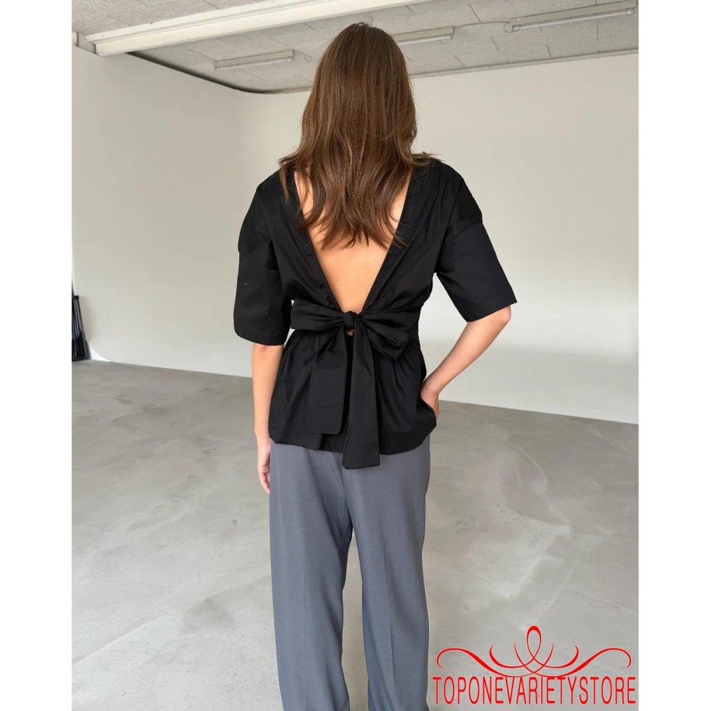 Topone-Nữ Mùa Hè Peplum Áo Thường Ngày Màu Trơn Rời Viền Nơ Lưng Cổ Tròn Khuỷu Tay Áo Sơ Mi
