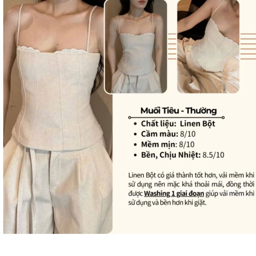 Áo 2 Dây Linen Ren Nguc Chiết Eo Ôm Dáng Áo Cúp Ngực Phối Viền Ren - SamHi Closet