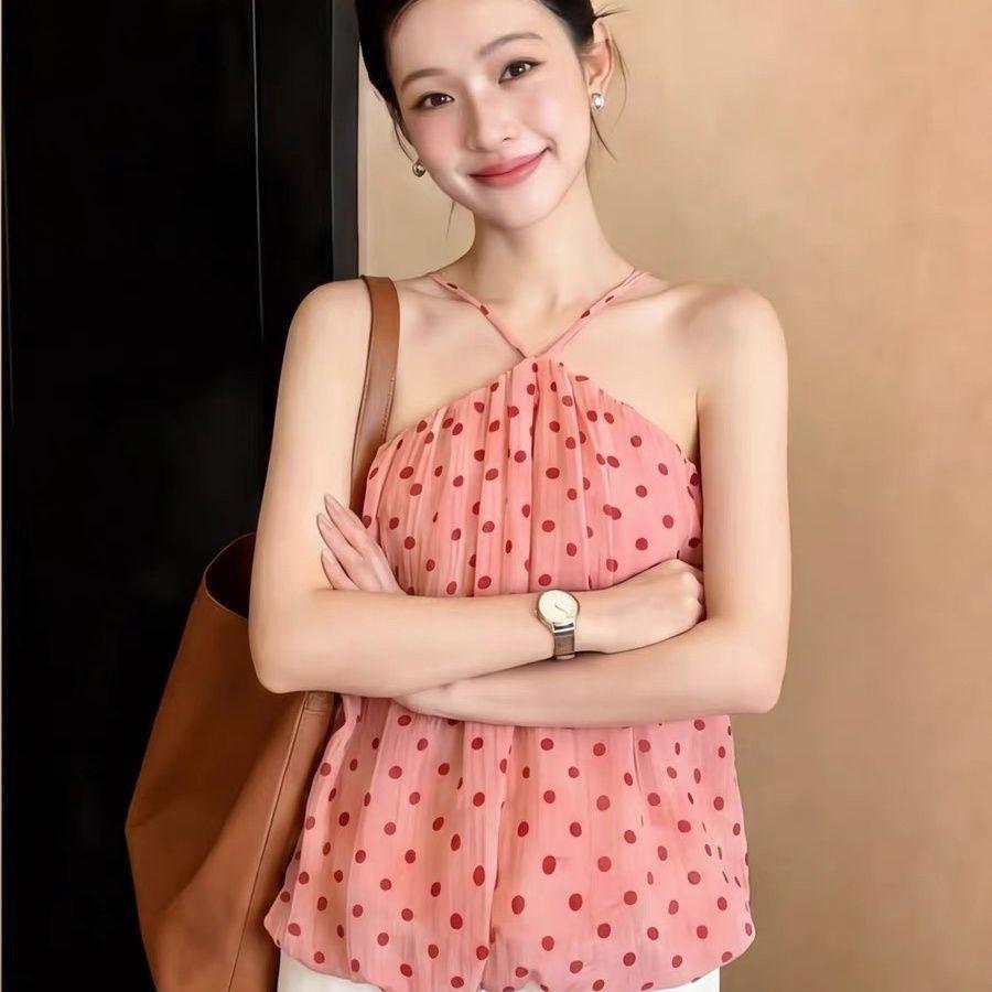 Sling Top Nữ Mùa Hè Pure Desire Chấm Bi Dây Cổ Sling Phong Cách Ngày Lễ Du Lịch Mặc Ống Rời Top Hoa Bud Áo Sơ Mi Bé Phù Hợp Với Hàng Đầu