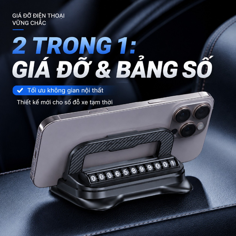 Giá Đỡ Điện Thoại Ô Tô 2 Trong 1 Kèm Biển Số Xe – Xoay 360° Gắn Taplo, Lắp Đặt Dễ Dàng