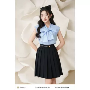 Áo sơ mi thô kẻ xanh buộc nơ thiết kế Elise ES2404136TNWOST