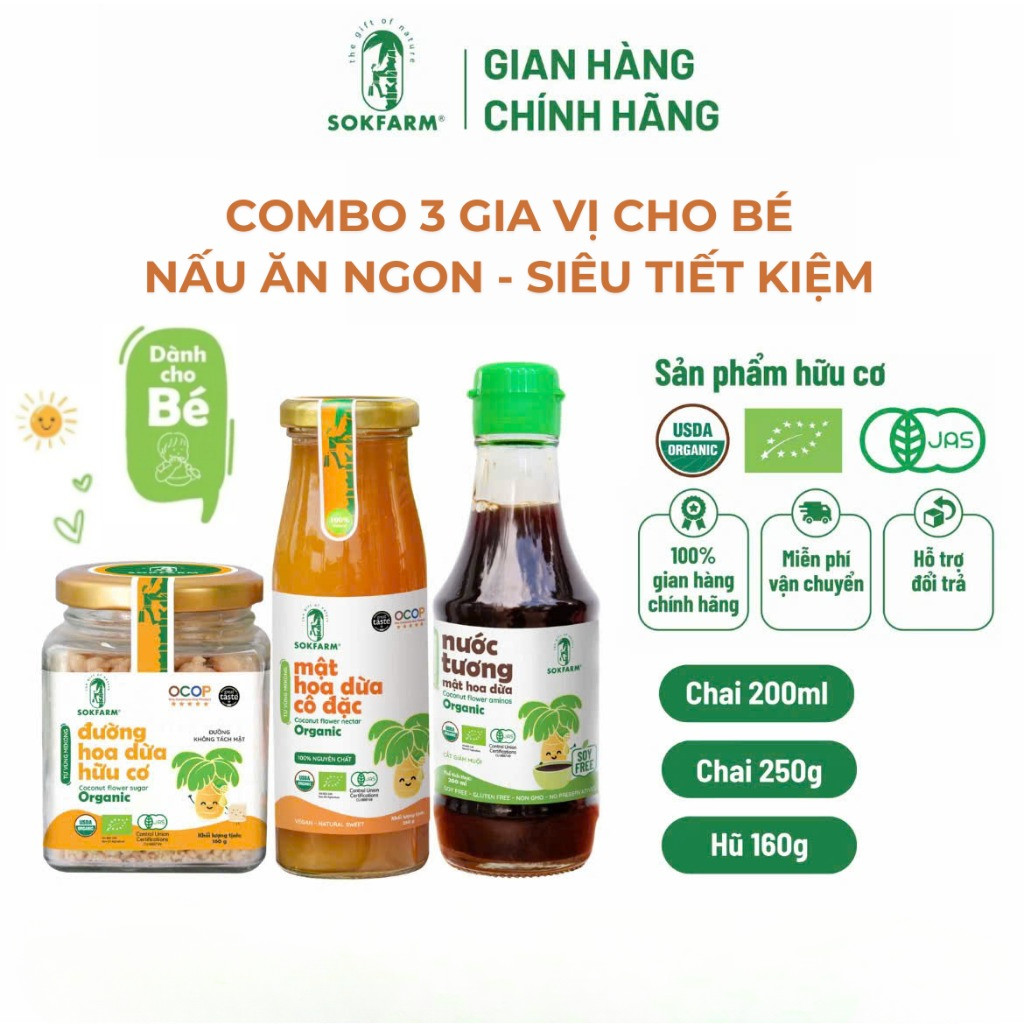 [ GIA VỊ CHO BÉ] Gia Vị Hữu Cơ Sokfarm Nấu Ăn Cho Bé - Mật Hoa Dừa, Đường Và Nước Tương Trên 6 Tháng