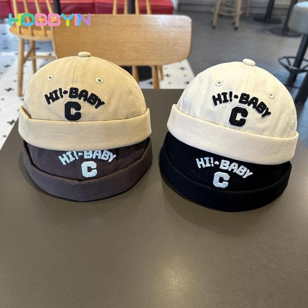 Mũ Docker Bé HOBBYIN, Mũ Beanie Cotton Màu Trơn, Thời Trang Thoáng Khí Thêu Chữ Retro Mũ Không Vành Trẻ Em Cho Bé Trai Bé Gái