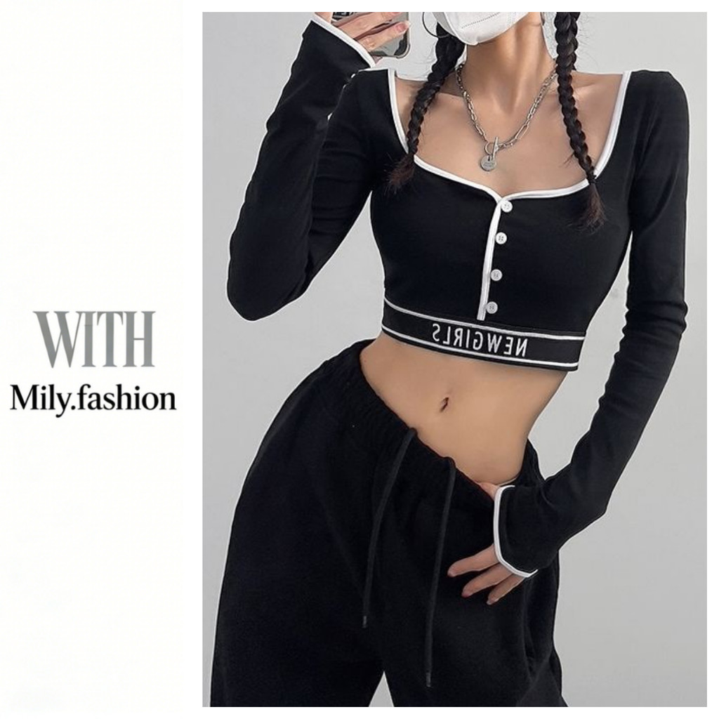 Milyfashion Tay Dài T Màu Khóa Siêu Ngắn Rốn Cao-