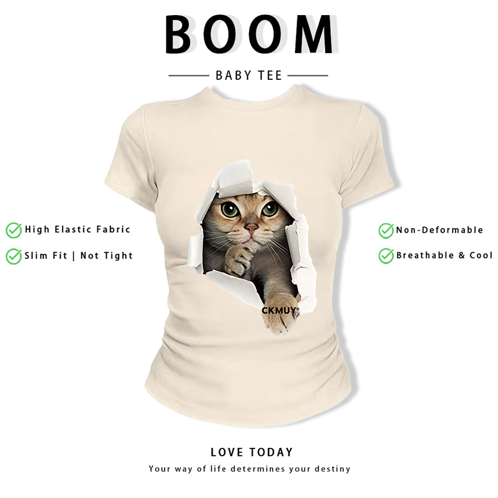 BOOM Áo Baby Tee Nữ Cotton Ôm Body-Áo Thun Ngắn Tay Y2K In Hình PhongCách Mùa Hè, Cổ Tròn Hàng Đầucách hàn quốc phongM07