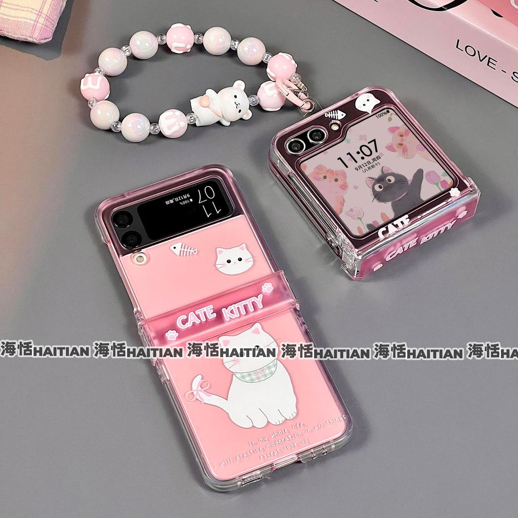 Vỏ tương thích với Samsung Galaxy ZFlip7 ZFlip6 Vỏ điện thoại hình mèo hoạt hình Bảo vệ bao gồm dây buộc và vỏ cứng gấp cũng thích hợp cho ZFlip 7 6 5 4 3 5G N3 Flip Mix Flip 2