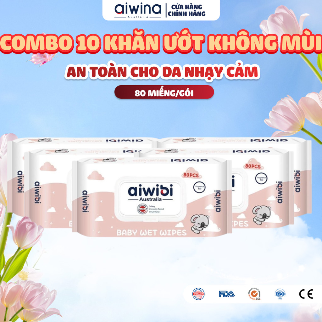 [Combo 10] Khăn Ướt Không Cồn Aiwibi Dịu Nhẹ, An Toàn Cho Da Nhạy Cảm (1 Gói 80 Miếng)