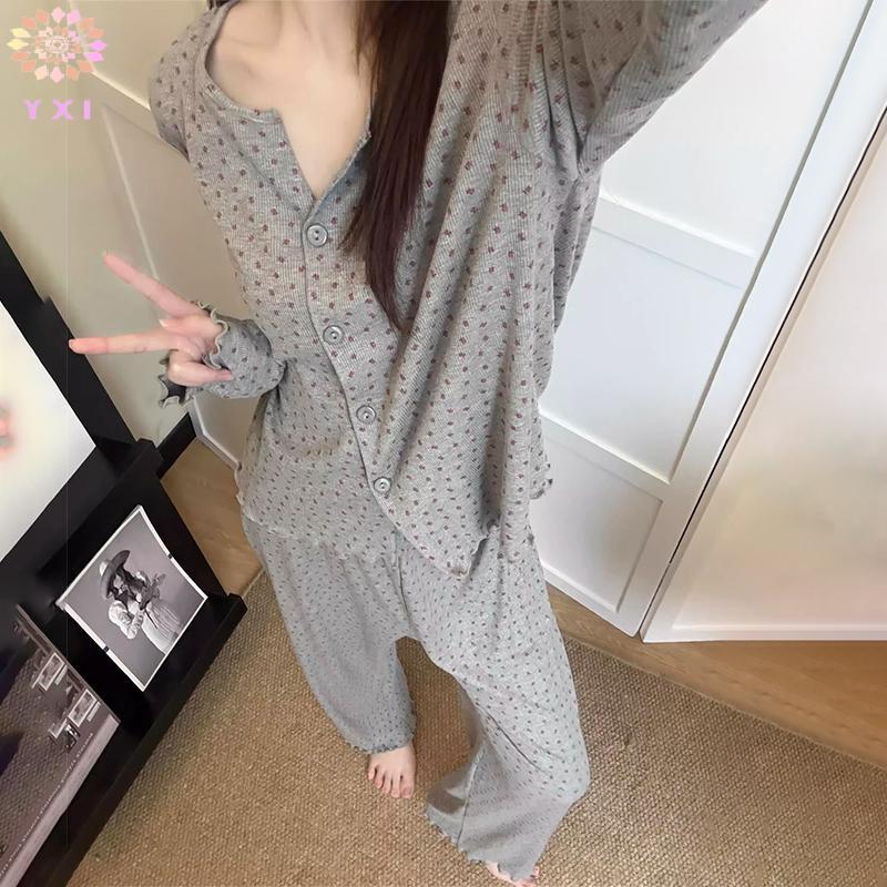 Y.X.I Retro Full-print Bộ Đồ Ngủ Hoa Ngọt Ngào Nữ Mùa Hè Cardigan Dài Tay Quần Rời Nhà Quần Áo Phù Hợp Với Mới