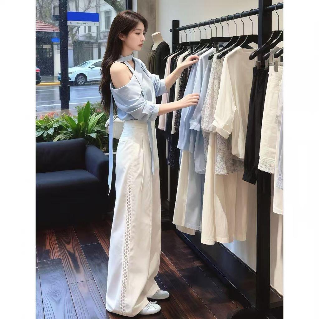 [Seckill trong thời gian có hạn] Quần áo nữ cỡ lớn Phong cách Hàn Quốc Mặc trọn bộ Thiết kế đi lại Cảm giác xiên Vai Áo sơ mi màu xanh Quần ống rộng Bộ hai mảnh